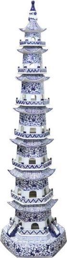 Pagoda Sculpture Twisted Vine Abstract 7-Tier Blue White Ceramic Handmade