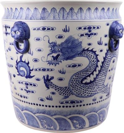 Planter Vase Dragon Lion Handle White Blue Porcelain