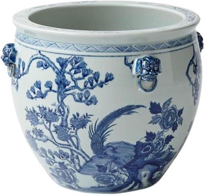 Planter Vase Magnolia Pheasant Jar Lion Handle Blue White Porcelain