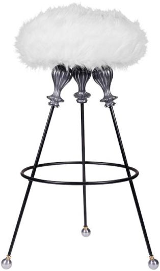Stool Tristran White Faux Fur Swivel Industrial Pewter Gray Hand-Forged Iron