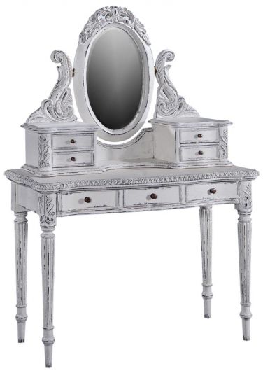 Ladies Vanity Oval Mirror Aged White Pretty Carved Wood, Reeded Legs, 7 Drawers