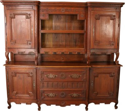 Large Antique Buffet Server 1800, French Country Oak, Carved Rosettes, Wood Peg
