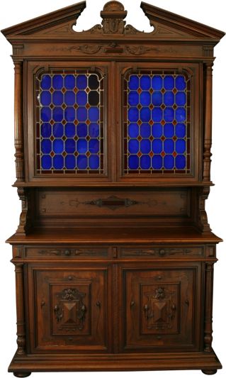 Large Antique French Buffet, 1900, Henry II, Cobalt Blue Stained Glass/Walnut