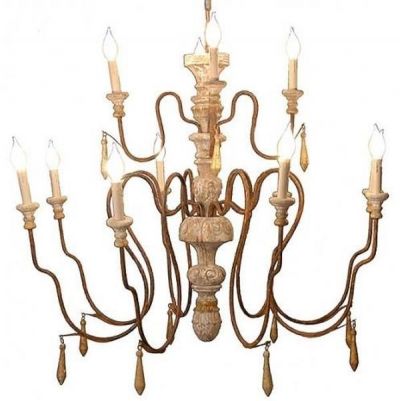 Large Chandelier 2-Tier Hand-Carved Turned Wood Old Gold, Metal Arms