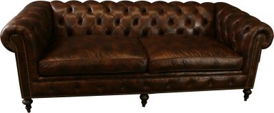 Leather Chesterfield Sofa, Wood, Brown Top Grain Leather, Nailhead Trim