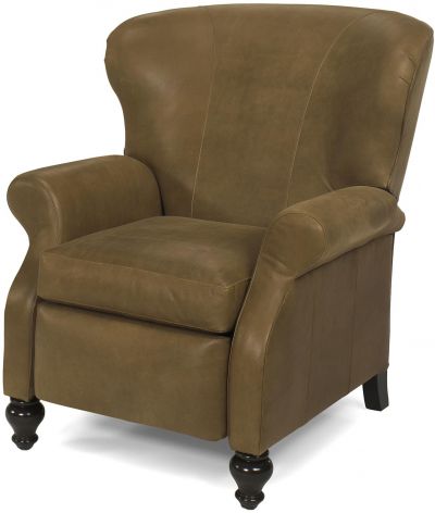 Leather Recliner Chair, Antique Style, Wood Carved Scroll Arms, USA Crafted
