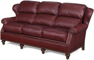 Leather Sofa, Bustle-Back, Wing Back, Wood, Dark Red, Nailhead