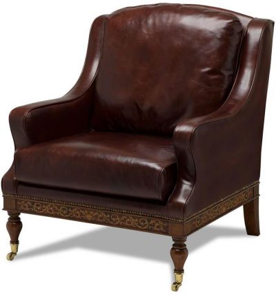 Lounge Chair Scarborough House Brown Italian Leather, Marquetry Inlay, Casters
