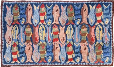 Rug Swimming Fish 10x8 8x10 Cotton Cloth Back Wool Hand-Hooked