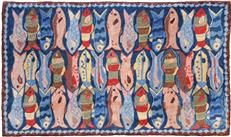 Rug Swimming Fish 9x12 12x9 Sky Blue Wool Cotton Cloth Back Hand-Hoo