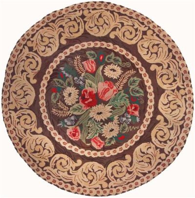 Rug LANIER Floral Round 10x10 Brown Taupe Red Black Beige Cotton Cloth Back