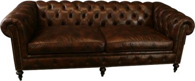 Leather Chesterfield Sofa, Wood, Brown Top Grain Leather, Nailhead Trim