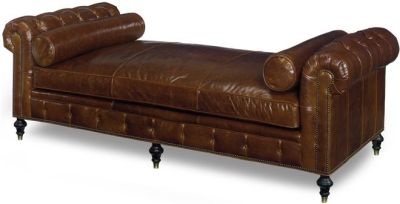 Chesterfield Daybed, Chaise Longue, Couch, Brown Leather, Wood, Hand-Crafted