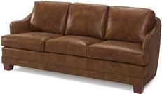 Leather Sofa, Antique Style, Brown Top Grain Leather Upholstery, Studs, Wood