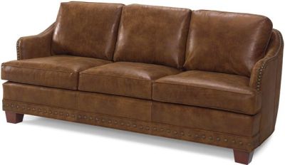 Leather Sofa, Antique Style, Brown Top Grain Leather Upholstery, Studs, Wood