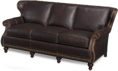 Leather Sofa, Wood, Brown Leather Upholstered, Wing Back, Nailhead Pattern