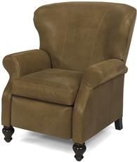 Leather Recliner Chair, Antique Style, Wood Carved Scroll Arms, USA Crafted