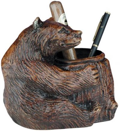 MOUNTAIN Pencil Holder Pen Rustic Sitting Bear Resin Hand-Painted Hand-Cast