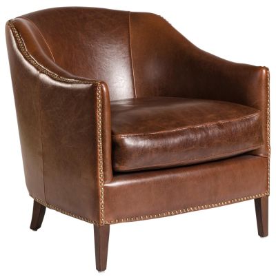 Madison Leather Accent Chair, Club Chair, Aged Brown Leather, Wood, Nailhead