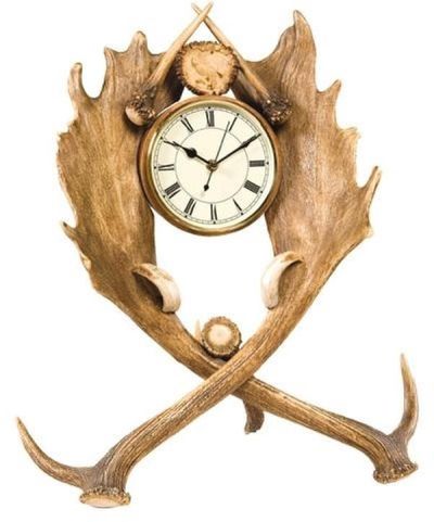 Mantel Clock Fallow Antler Deer Almond Off-White Cast Resin Quartz Movement