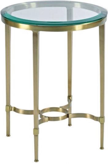 Martini Table Woodbridge Glass Top Brushed Satin Brass Metal Chic Stretcher