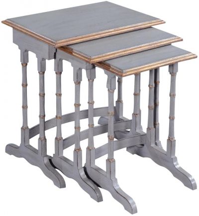 Nesting Tables 3 Pewter Gray Solid Wood Gold Accents Faux Bamboo Distressed
