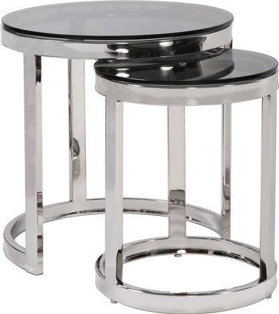 Nesting Tables HOWARD ELLIOTT Round Polished Steel Smoke Black Set 2 Tempered