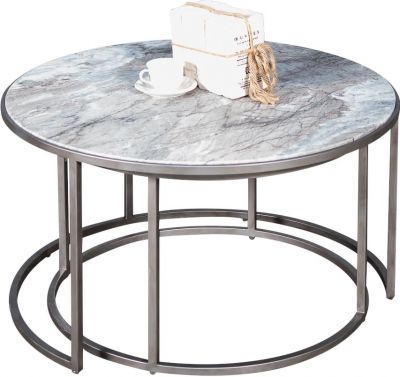 Nesting Tables SARREID Contemporary Round Antique Silver Taupe Beige Set 2