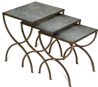 Nesting Tables Scarborough House Bronze Wrought Iron Engraved Floral Mirror Top