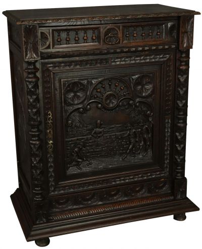 Nightstand Antique Brittany 1890 Carved Chestnut French Boules Game Players