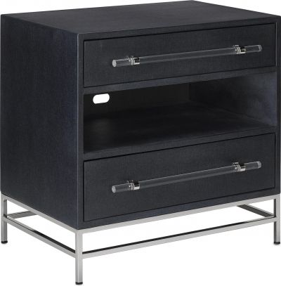 Nightstand CURREY MARCEL Navy Lacquered Linen Polished Nickel Clear Black Blue