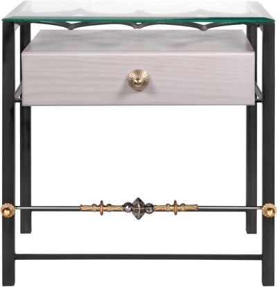 Nightstand GINGER Pewter Smoke Glass Lead Cut Crystal Solid Brass Metal Wood