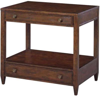 Side Table Wide Rectangular Hand-Rubbed Distressed Wood 2-Drawer Shelf Brass