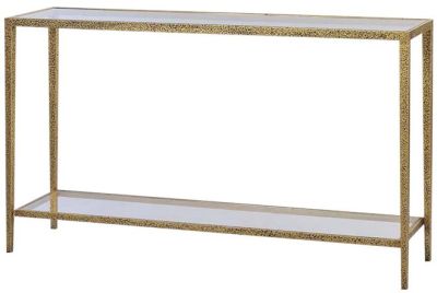 Console Table Gold Leaf Hammered Textured Metal Rectangle Glass Top Shelf