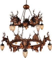 Chandelier MOUNTAIN Lodge Stag Head Deer 2-Tier Tiered 10-Light Small Chocolate
