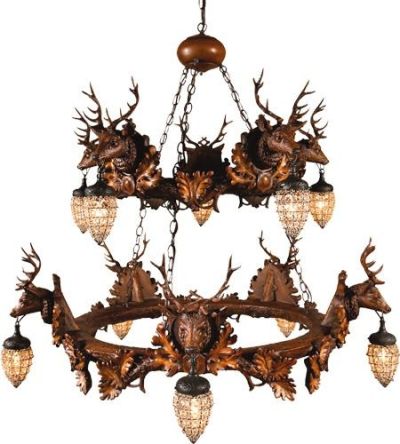 Chandelier MOUNTAIN Lodge Stag Head Deer 2-Tier Tiered 10-Light Small Chocolate