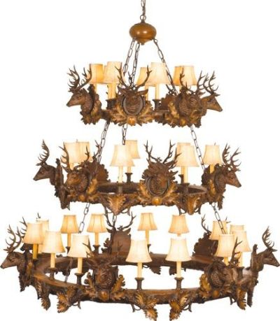 Chandelier 21 Stag Heads Deer Rustic 3-Tier OK Casting 28 Candelabra Light