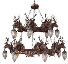 Chandelier Rustic Stag Heads Deer 10-Light Crystal 2-Tier Hand-Cast OK Casting