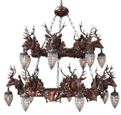 Chandelier Rustic Stag Heads Deer 10-Light Crystal 2-Tier Hand-Cast OK Casting