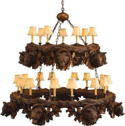 Chandelier MOUNTAIN Lodge Aspen Bear Head 2-Tier Tiered Chocolate Brown Resin