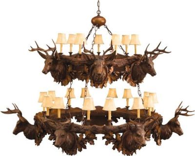 Chandelier MOUNTAIN Lodge Aspen Stag Head Deer 2-Tier Tiered Chocolate Brown