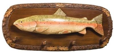 Plaque MOUNTAIN Lodge Trout and Oak Fish 4-Hook Chestnut Resin Hand-Cast