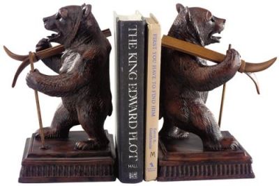 Bookends Bookend MOUNTAIN Lodge Skiing Bear Chocolate Brown Resin Hand-Painted