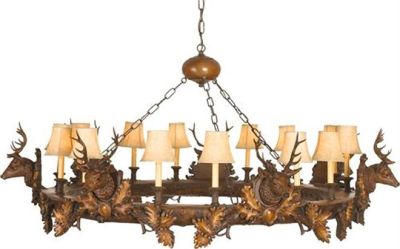 Chandelier 7 Small Stag Head Deer 14-Lights Hand-Crafted OK Casting Faux Leather