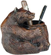 Pencil Holder Pen MOUNTAIN Lodge Sitting Bear Resin Hand-Cast Hand-Painted
