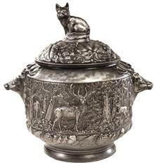 Soup Tureen MOUNTAIN Lodge Stag Deer Scene Silver Resin Relief Carved Hand-Cast
