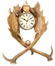 Mantel Clock Lodge Fallow Antler Deer Almond Off-White Cast Resin Hand-Painted