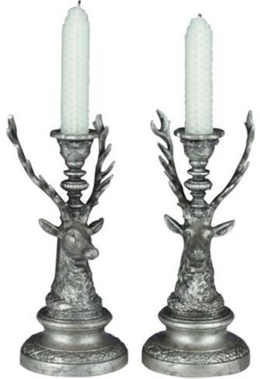 Candleholder Candlestick MOUNTAIN Lodge Deer Pair Silver Resin Hand-Cast