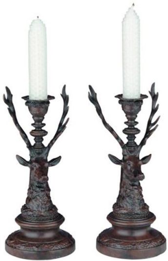 Candleholder Candlestick MOUNTAIN Lodge Deer Pair Resin Hand-Painted Hand-Cast