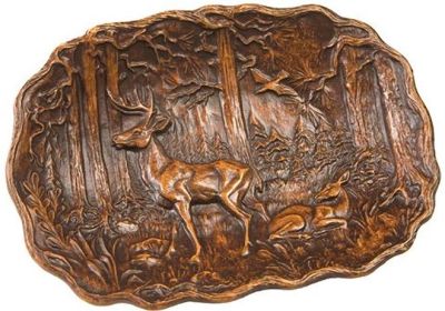 Plaque MOUNTAIN Lodge Deer in Forest Oval Resin Hand-Cast Hand-Painted Relief